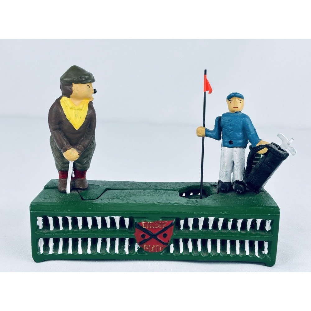 Cast Iron Golfers Birdie Putt Coin Piggy Bank Golf Mechanical Moving - Vintage